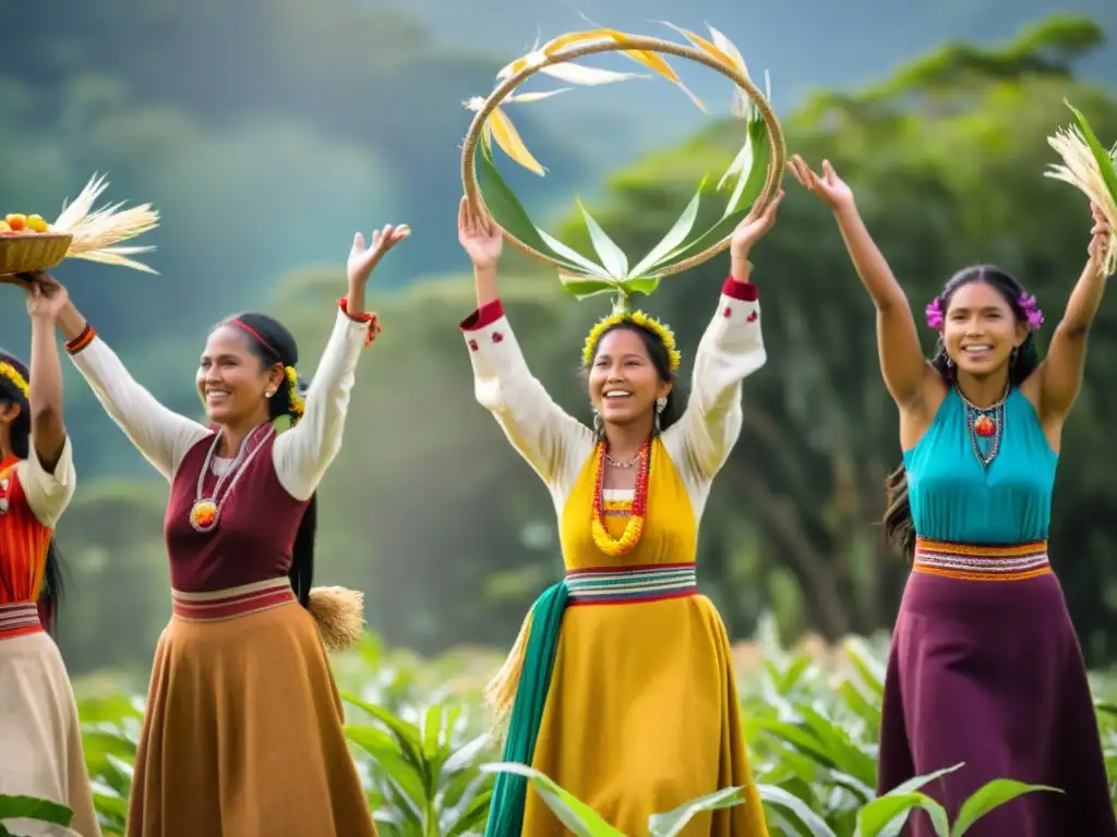 Un círculo de mujeres indígenas en trajes tradicionales, realizando un ritual de fertilidad bajo el cielo abierto