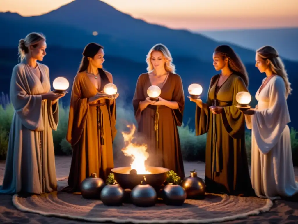 Un círculo de mujeres en túnicas terrosas realizando un ritual mágico bajo la luz de la luna, rodeadas de velas y hierbas aromáticas