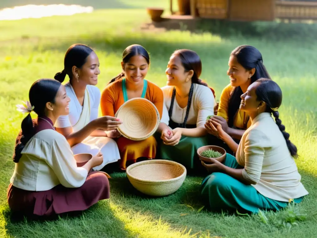 Un círculo de mujeres en vestimenta tradicional con dispositivos y herramientas rituales de fertilidad, rodeadas de flores y hierbas