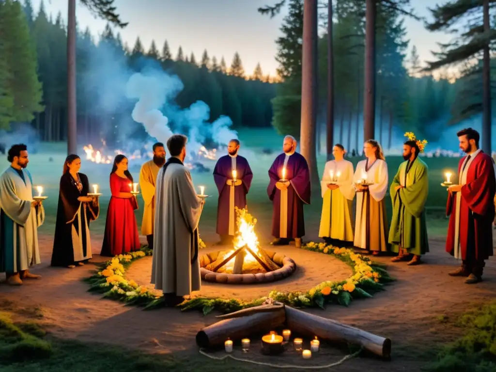 Un círculo neopagano en el bosque, iluminado por antorchas y velas