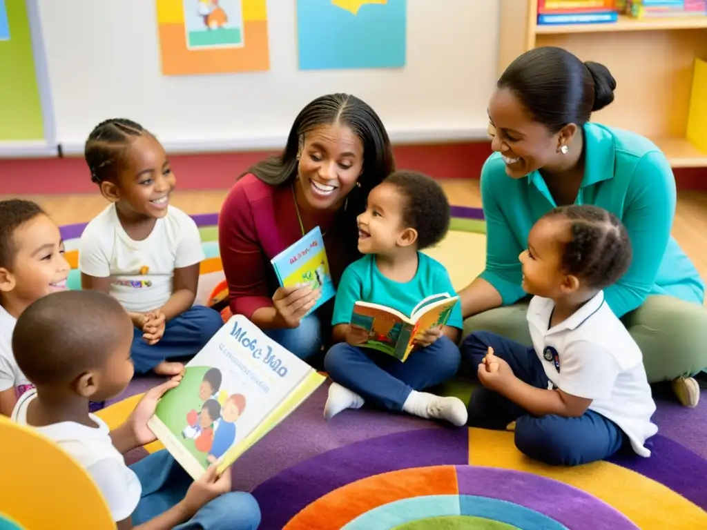 Un círculo de niños escuchando atentos a su maestra leer un libro con ilustraciones coloridas