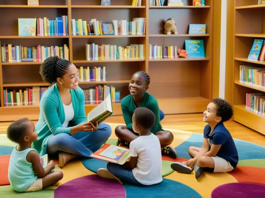 Un círculo de niños escuchando atentos a una mujer leyendo un libro rodeados de estanterías llenas de libros