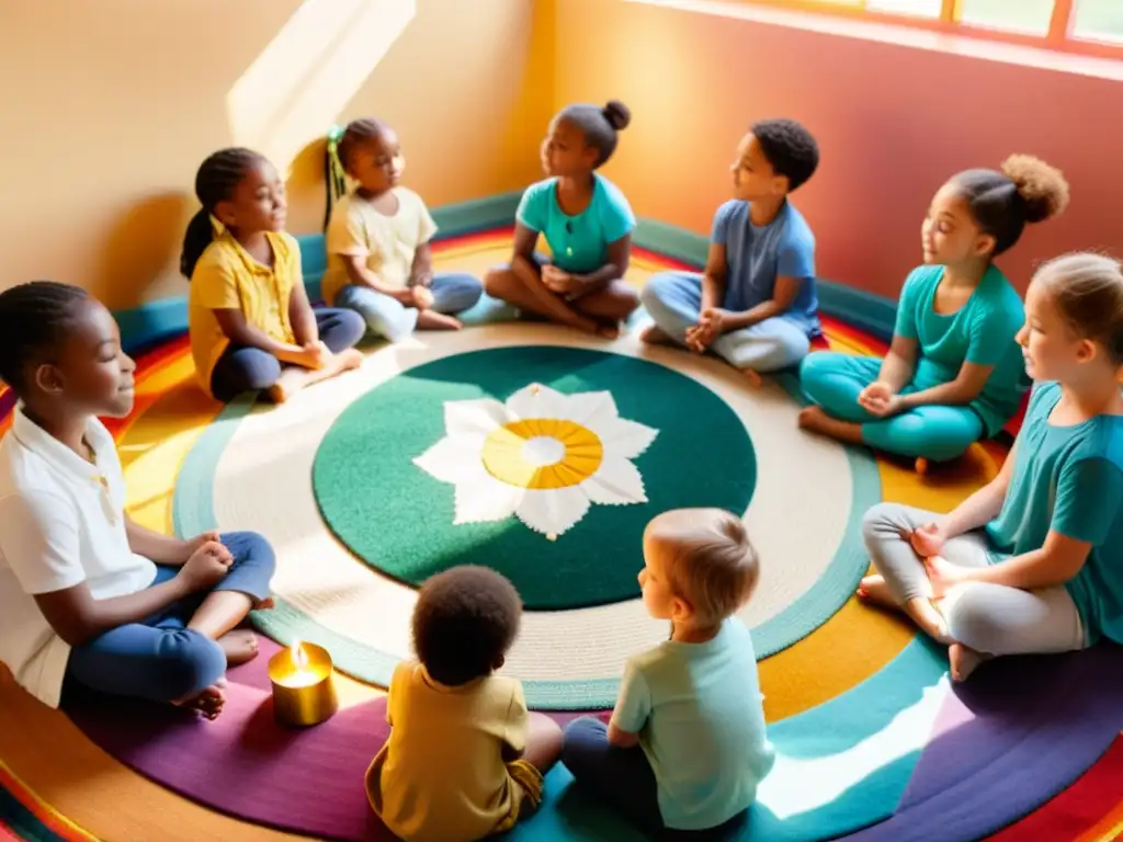 Un círculo de niños en un aula colorida, practicando rituales de mindfulness para niños con herramientas y una atmósfera serena