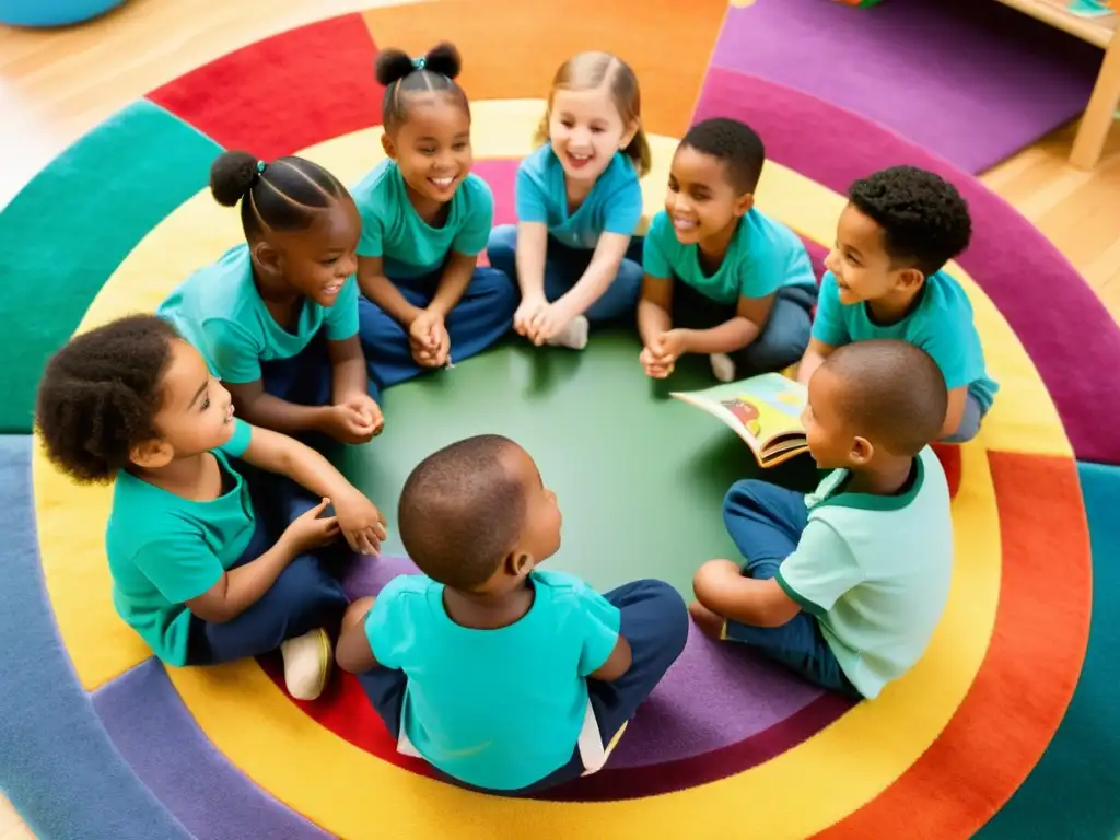 Círculo de lectura: fomentando empatía en la infancia Un círculo de niños en el aula comparten historias con libros, creando un ambiente cálido de empatía y conexión