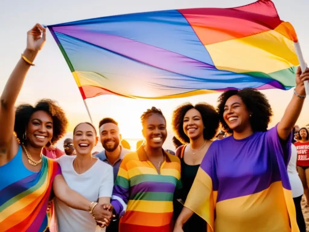 Un círculo de personas LGBTQ+ unidas, con atuendos vibrantes, sonrisas y banderas de orgullo al fondo