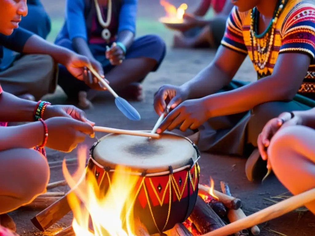 Un círculo de personas en un bosque, iluminados por el fuego, listos para participar en un taller de canto en rituales ancestrales