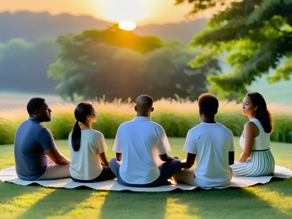 Un círculo de personas meditando en un campo al atardecer, evocando paz y serenidad en un taller prácticas contemplativas vida espiritual