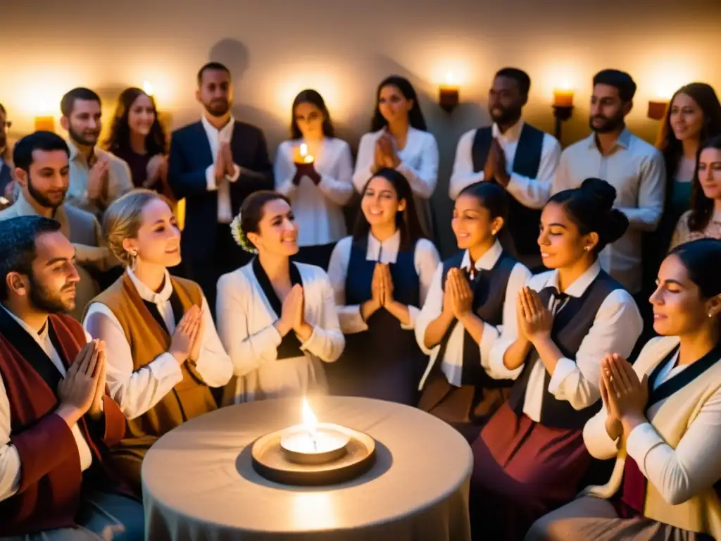 Un círculo de personas cantando canciones tradicionales de Shabat con emoción y devoción, iluminados por la cálida luz de las velas