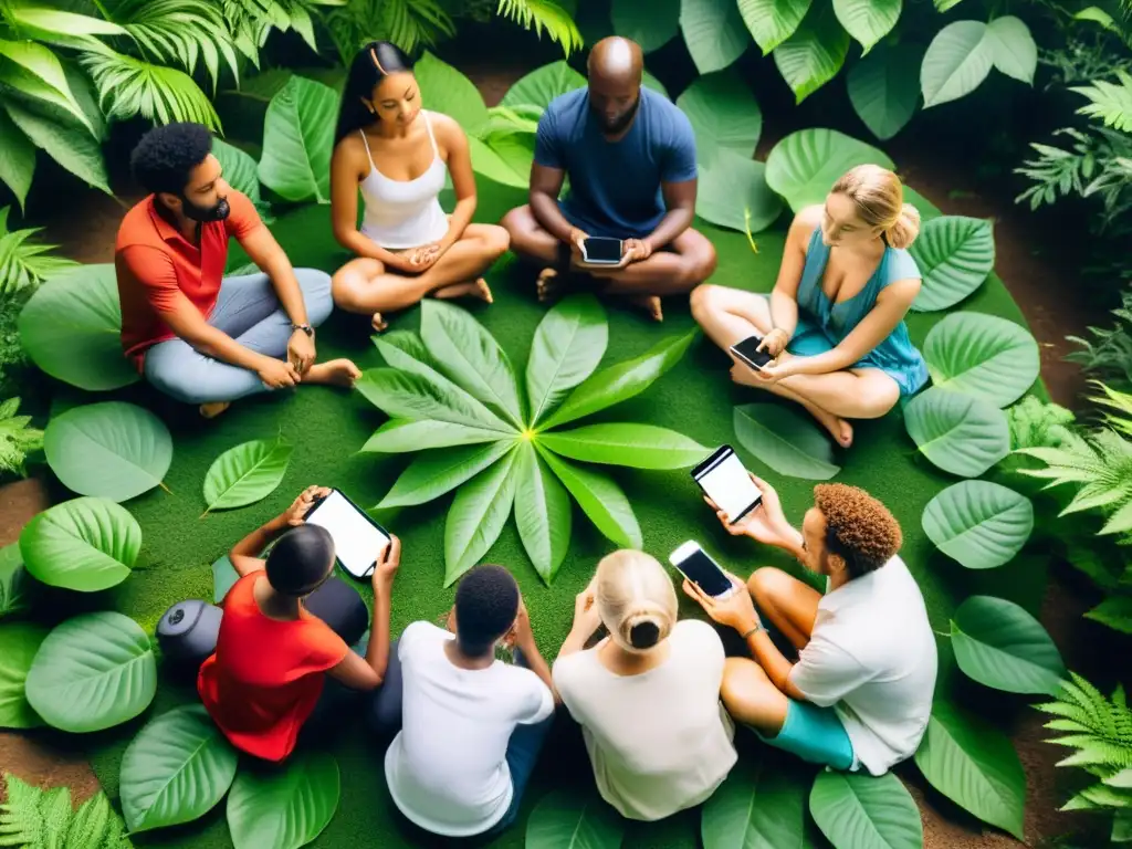 Un círculo de personas de diferentes culturas se desconecta tecnológicamente al aire libre, rodeado de naturaleza exuberante