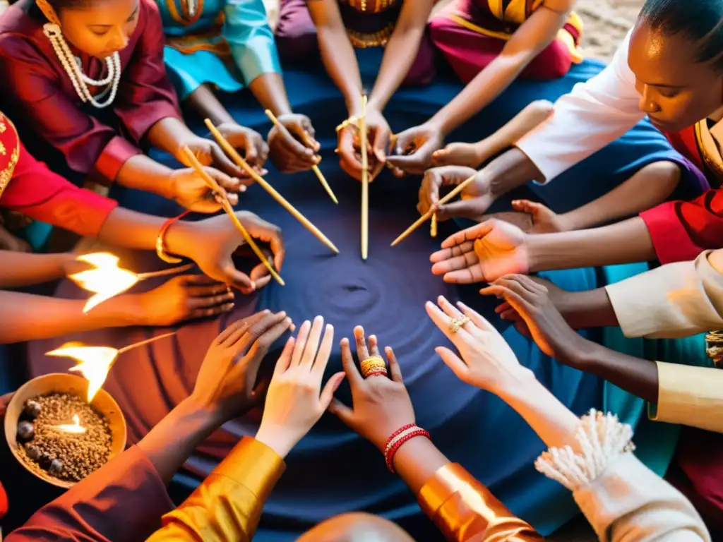 Un círculo de personas de diferentes culturas participa en un ritual ancestral, vistiendo atuendos tradicionales