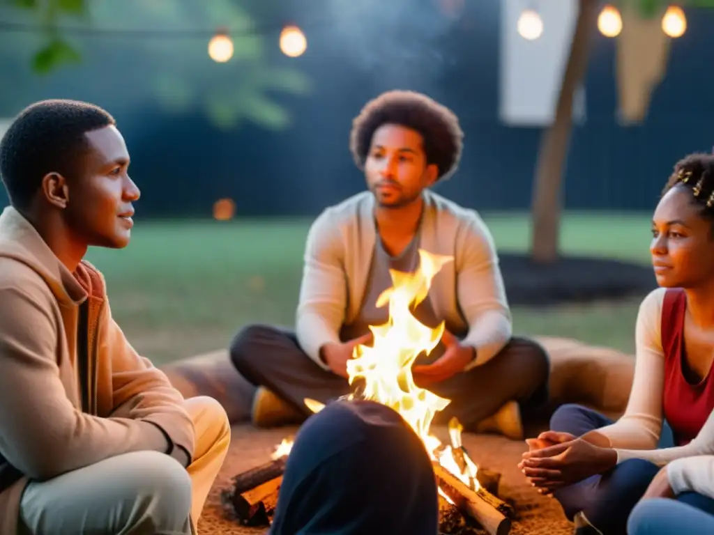 Un círculo de personas diversas en un entorno tranquilo, compartiendo un ritual de jubilación personalizado con empatía y reflexión