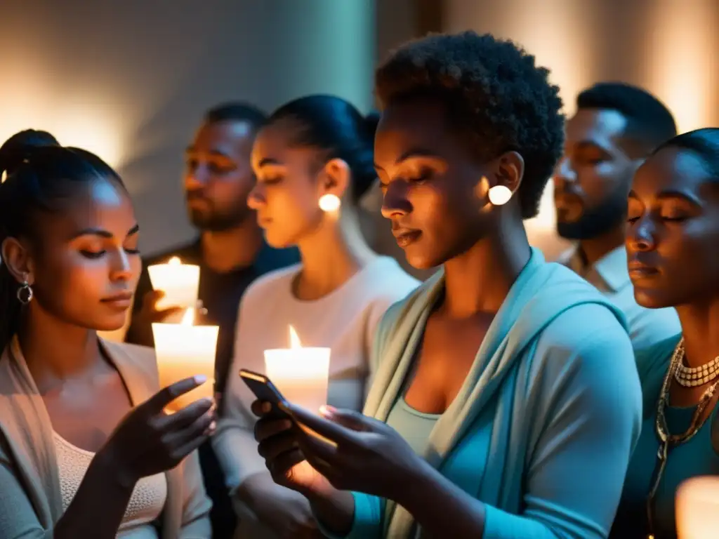 Un círculo de personas diversas participa en un ritual espiritual con Twitter