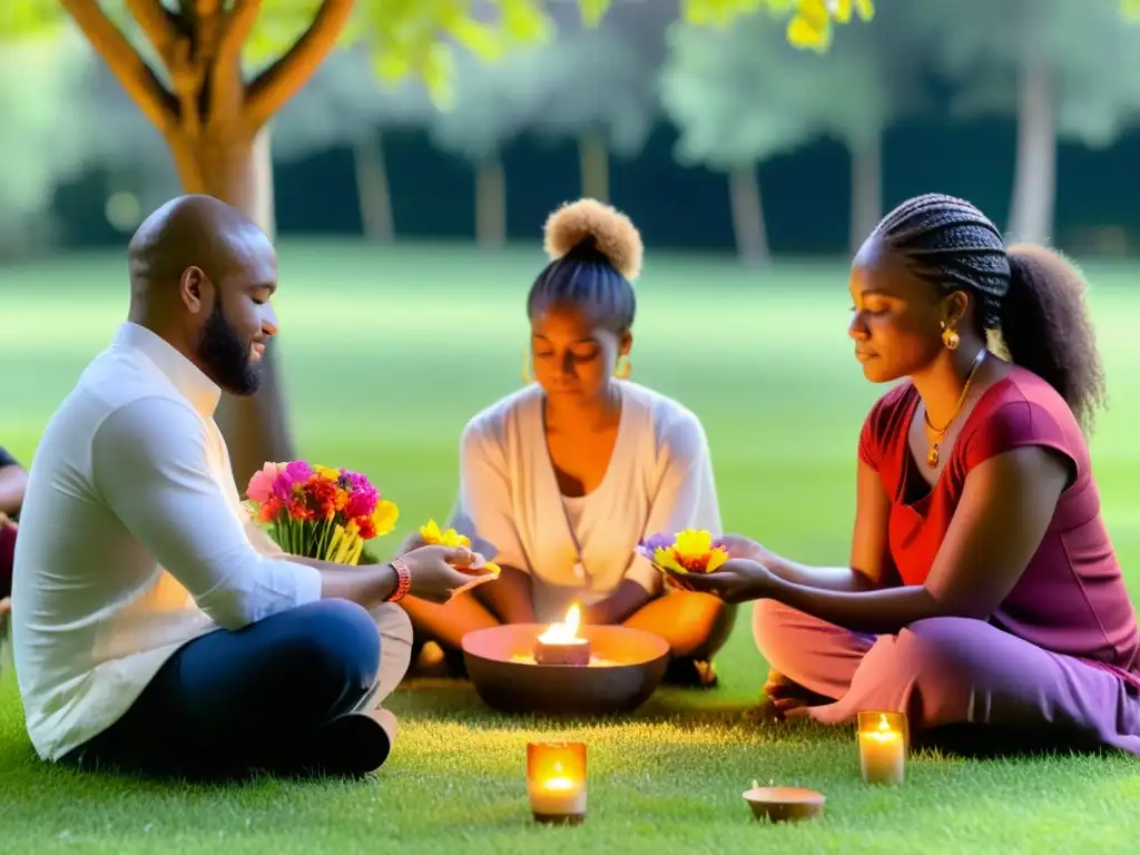 Un círculo de personas diversas en un ritual al aire libre, rodeado de flores y velas