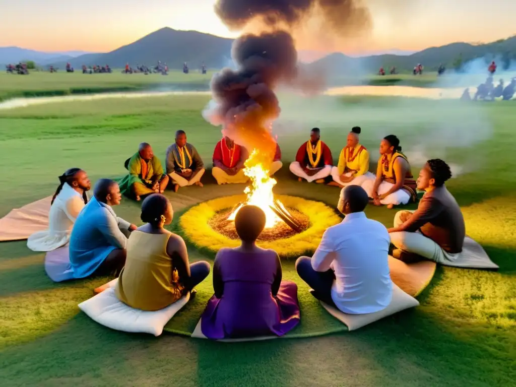 Un círculo de personas diversas participa en un ritual tradicional al atardecer, vistiendo trajes coloridos