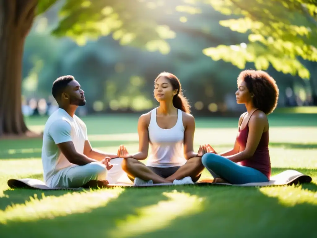 Un círculo de personas diversas practican rituales de Mindfulness terapia contemporánea en un parque, con serenidad y enfoque