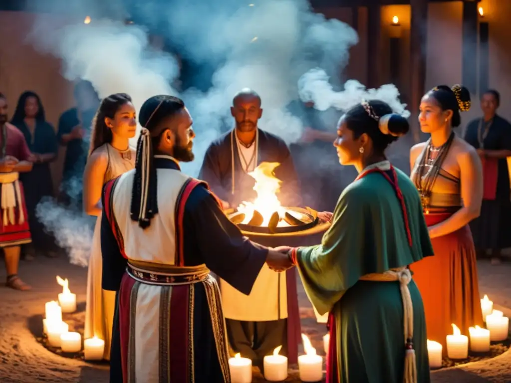 Un círculo de personas diversas en vestimenta tradicional se une en un ritual