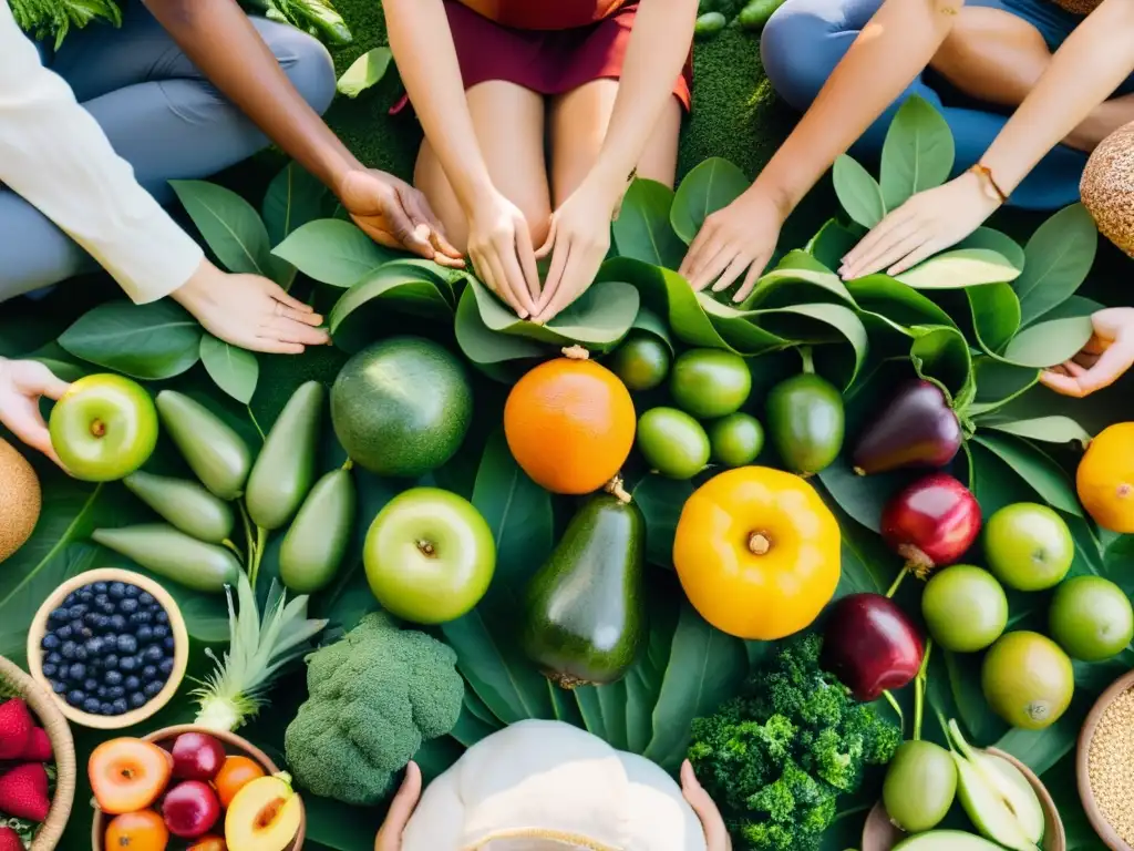 Un círculo de personas medita entre la exuberante vegetación, rodeados de alimentos vegetales