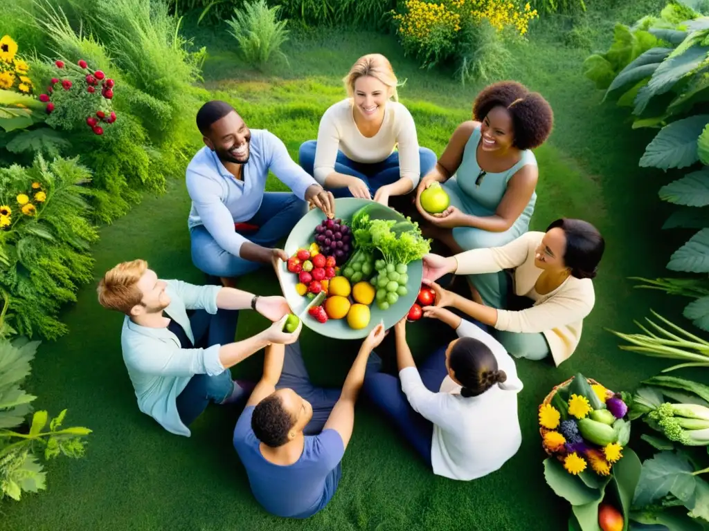 Un círculo de personas disfrutando de frutas y verduras en un prado verde y frondoso