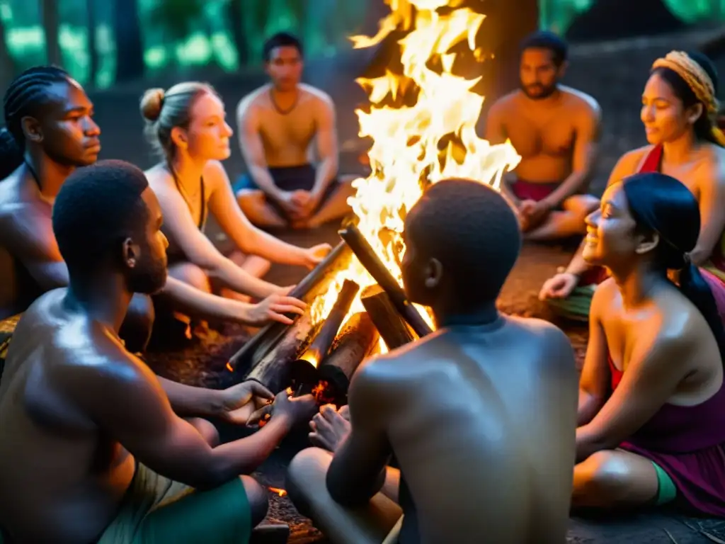 Un círculo de personas se reúne alrededor de un fuego en un ritual de empoderamiento, en un bosque místico