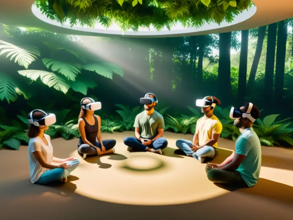 Un círculo de personas inmersas en una meditación con realidad virtual en un entorno natural