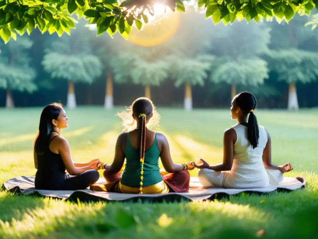 Un círculo de personas meditando con mala beads en un prado verde, creando una atmósfera de paz y conexión espiritual