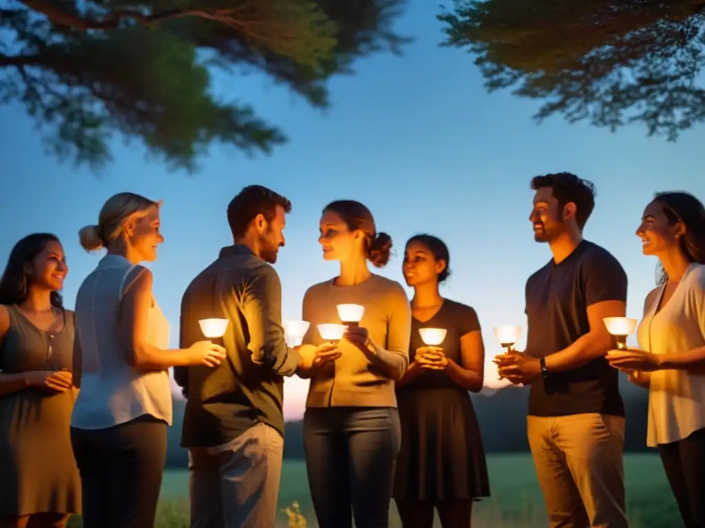 Un círculo de personas sostiene manos bajo la luz de velas