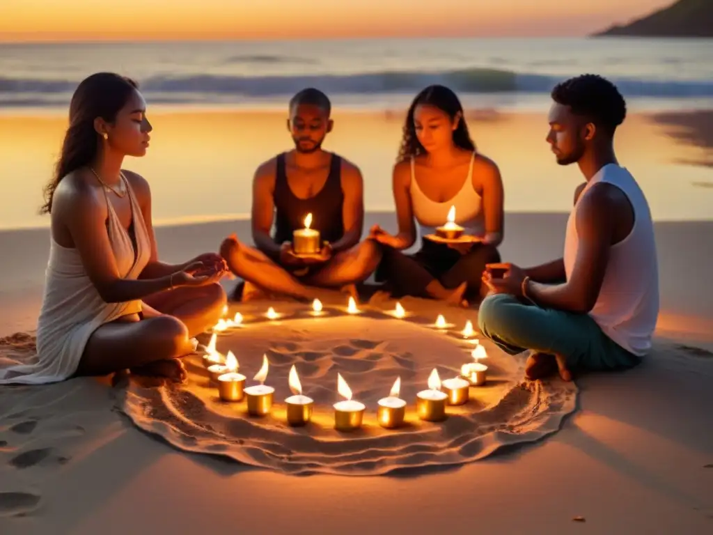 Un círculo de personas meditando en la playa al atardecer, rodeados de velas e incienso