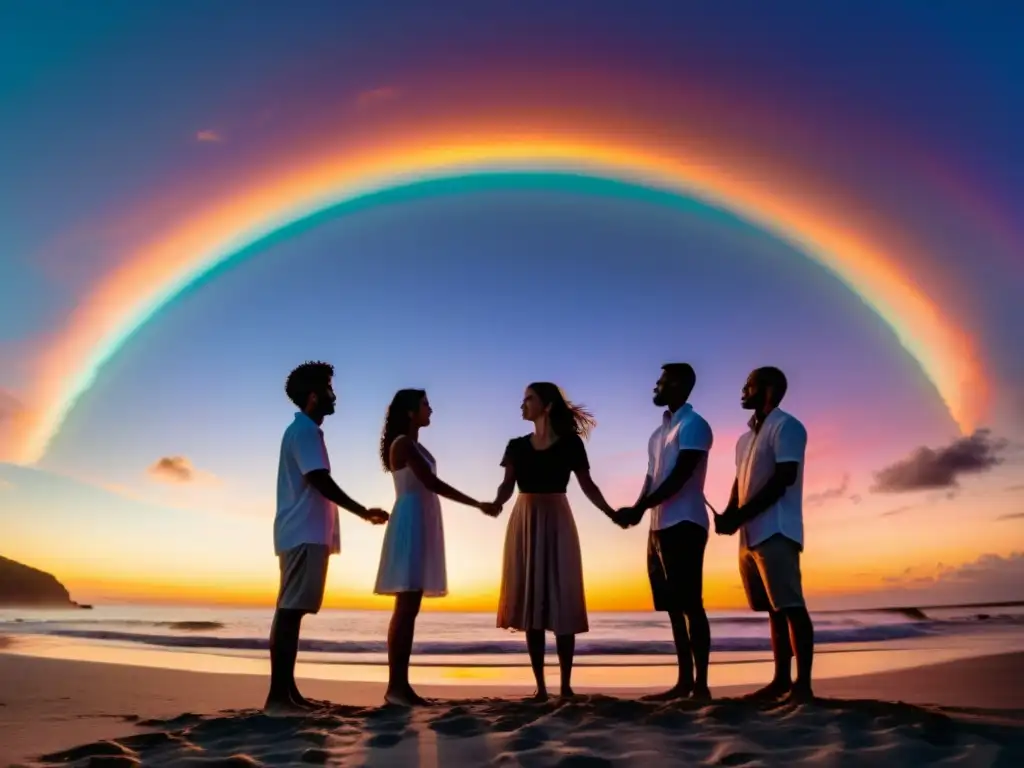 Un círculo de personas en la playa al atardecer, participando en un ritual secular