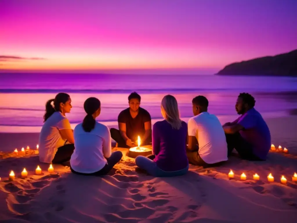 Un círculo de personas en la playa con velas, practicando rituales de mindfulness para sanación, bajo un atardecer cálido y tranquilo