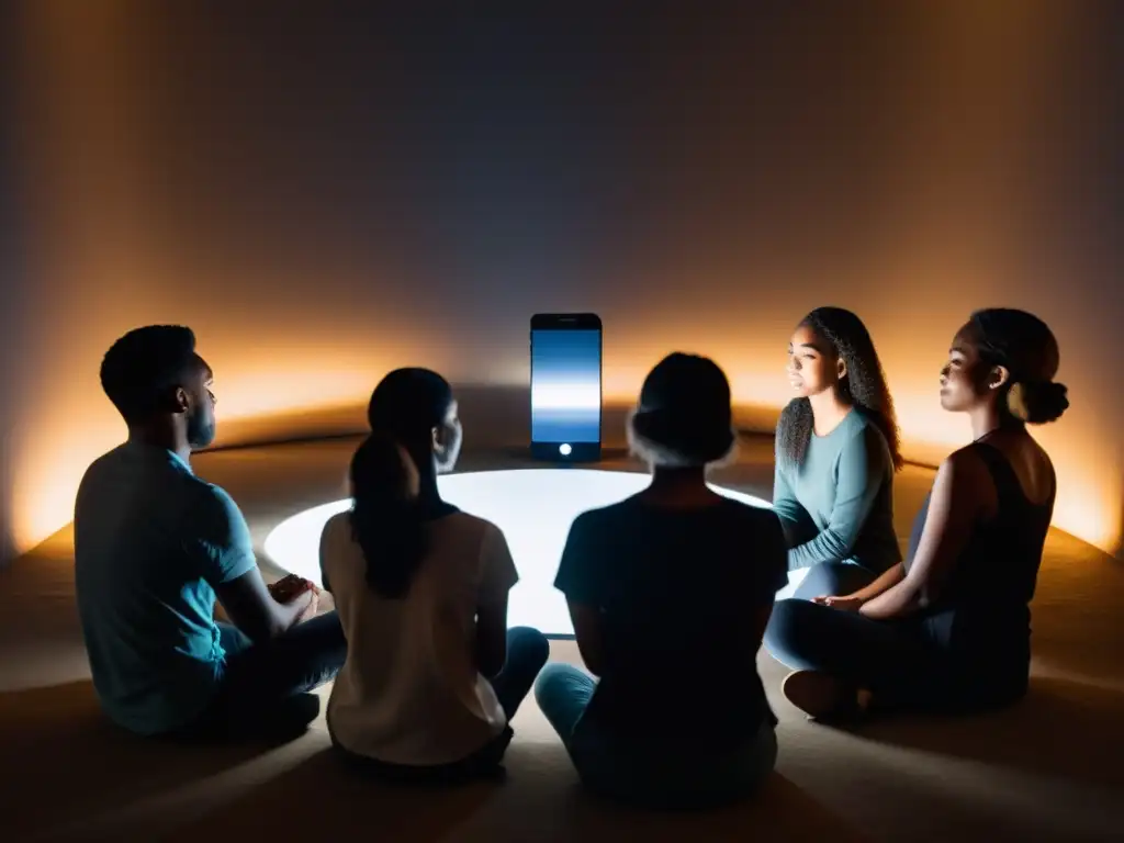 Un círculo de personas se conecta en un ritual virtual, iluminados por sus smartphones en una habitación con sombras danzantes