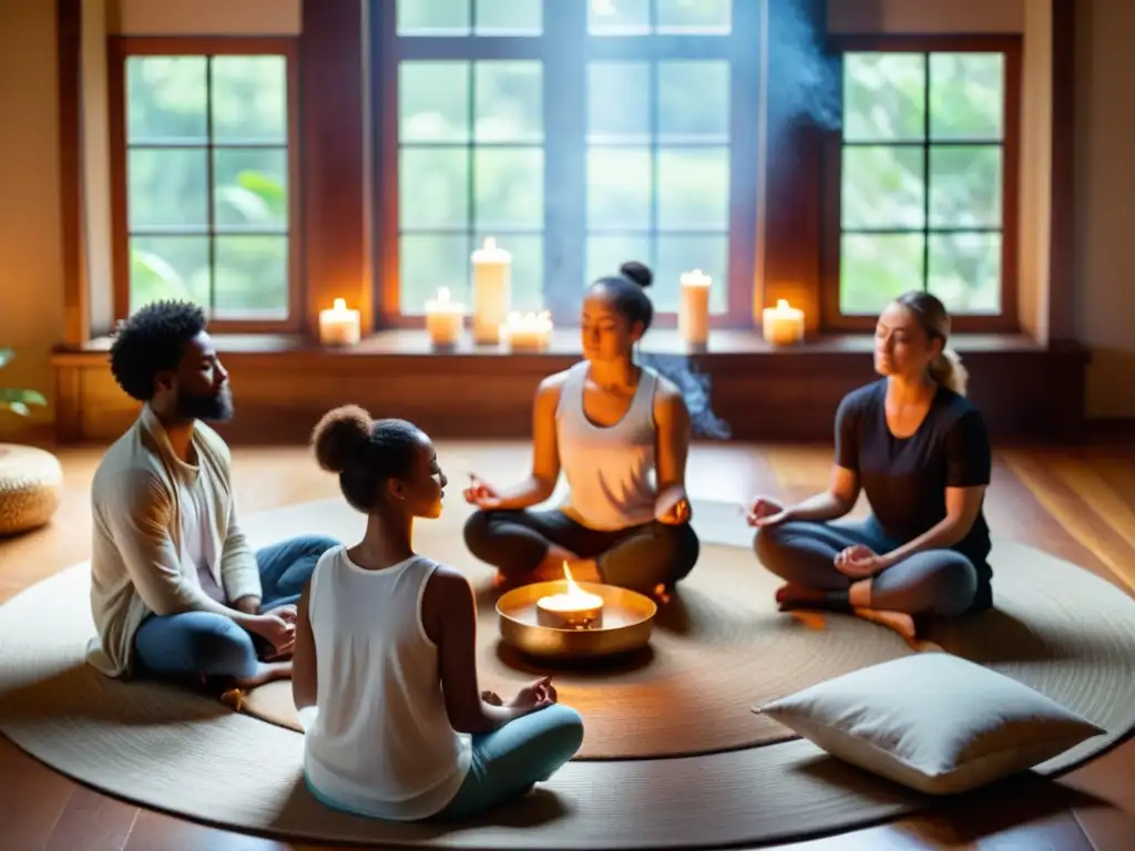 Un círculo de personas meditando en un taller de prácticas contemplativas de vida espiritual, con expresiones serenas y atmósfera de calma