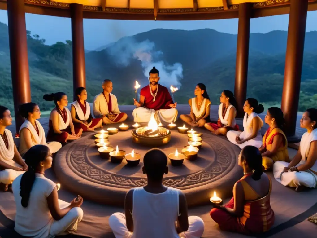 Un círculo de personas en un templo, vestidas con atuendos tradicionales, cantando mantras sagrados, rodeados de velas y humo de incienso