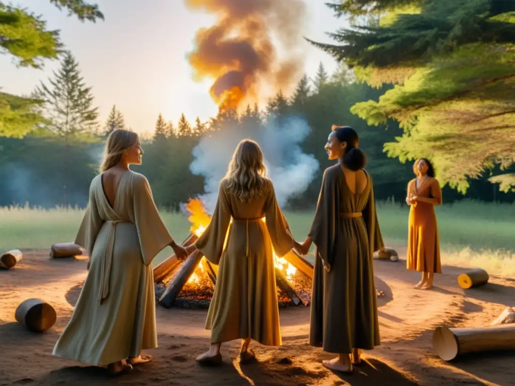 Rituales al atardecer en el bosque sagrado Un círculo de personas en túnicas terrosas celebra ceremonias neopaganas equinoccio solsticio en un claro boscoso al atardecer