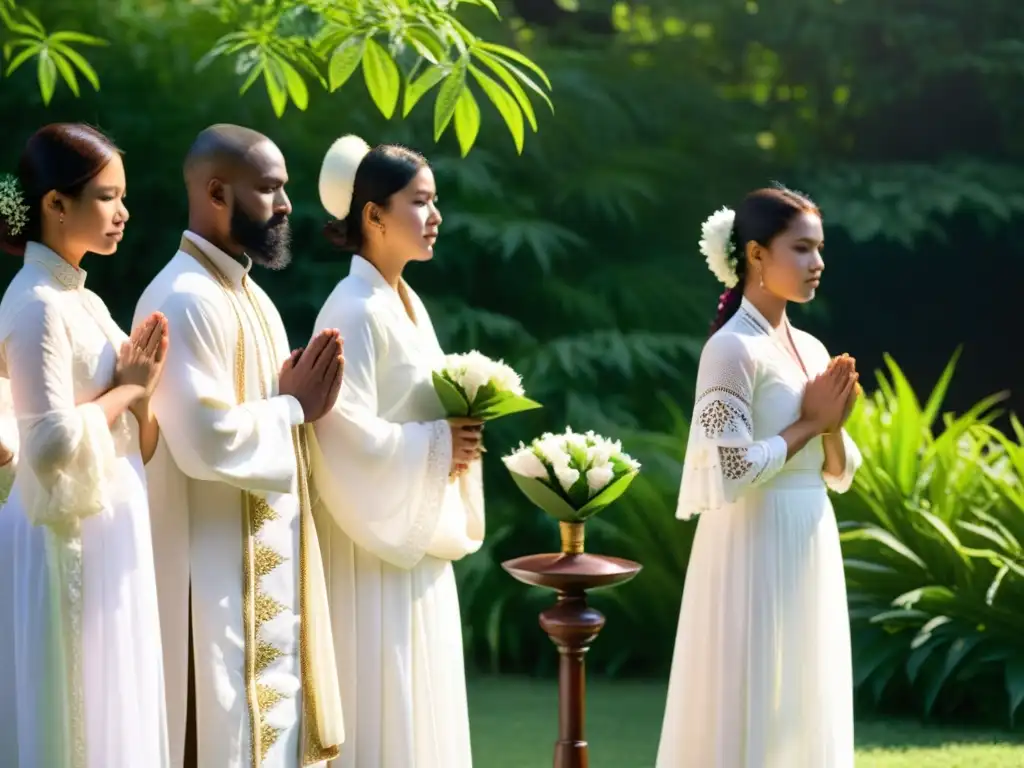 Un círculo de personas vestidas con trajes ceremoniales blancos, en reverente oración