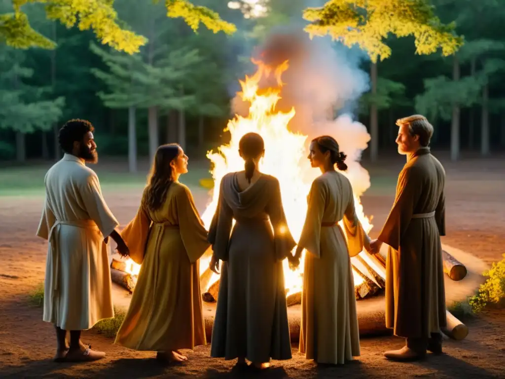 Ritual de Solsticio: Círculo Mágico en el Bosque Un círculo de personas vestidas con túnicas terrosas en un claro del bosque al atardecer