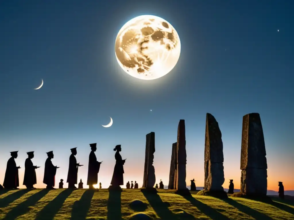 Un círculo de piedras ancestrales en la luz de la luna llena, con figuras participando en un ritual lunar, conectando con la energía celestial