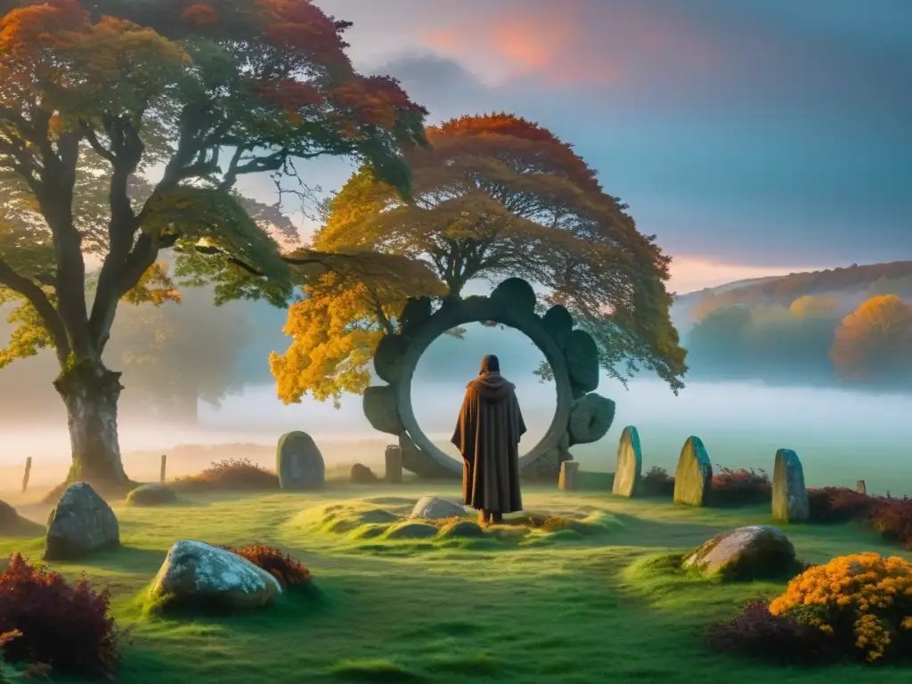 Figura mística en círculo de piedra, Samhain Un círculo de piedras antiguas envuelto en niebla, con una figura en el centro rodeada de follaje otoñal y el suave resplandor del crepúsculo