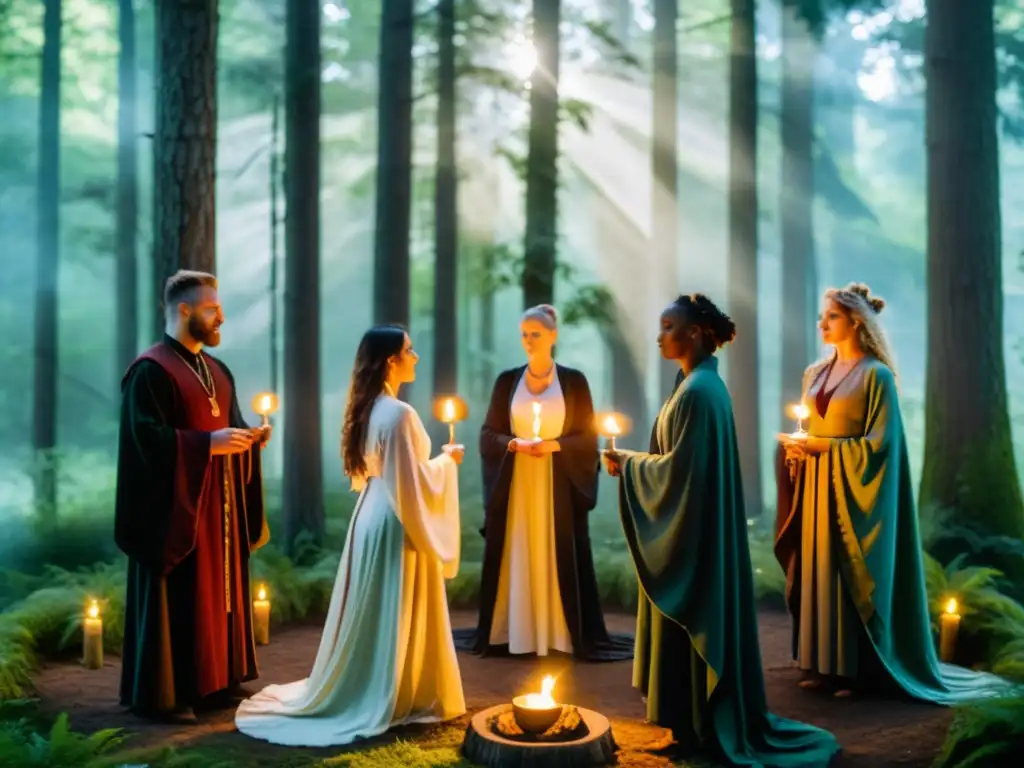 Un círculo de practicantes de la religión Wicca en el bosque, haciendo rituales con reverencia y conexión a la naturaleza