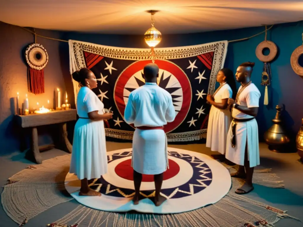 Un círculo de practicantes de vudú haitiano visten de blanco, tocando tambores y creando una atmósfera mística con música en rituales vudú de Haití