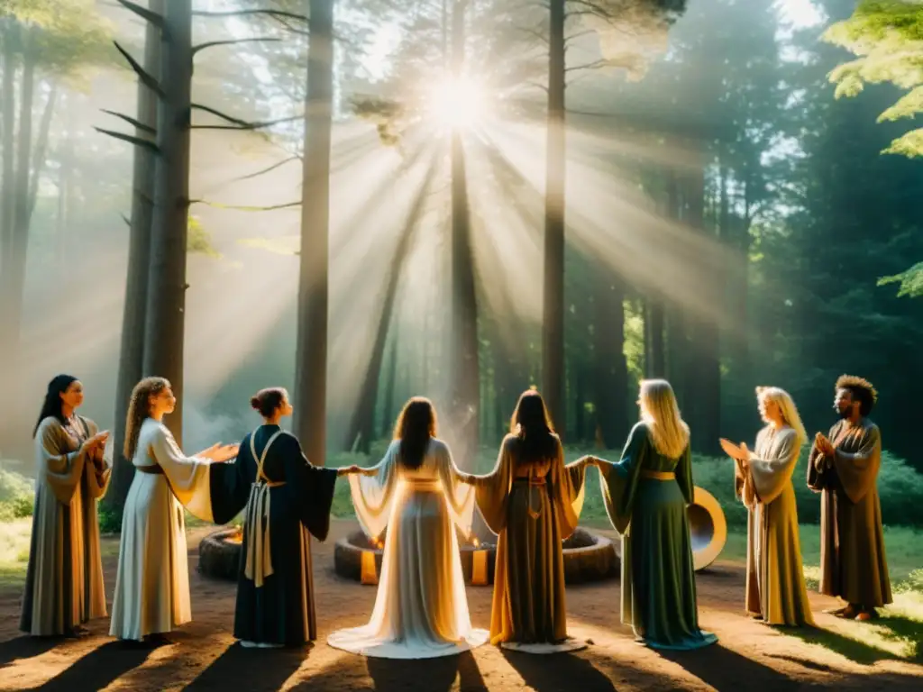 Un círculo de practicantes modernos de la religión Wicca realizando un ritual en un claro del bosque