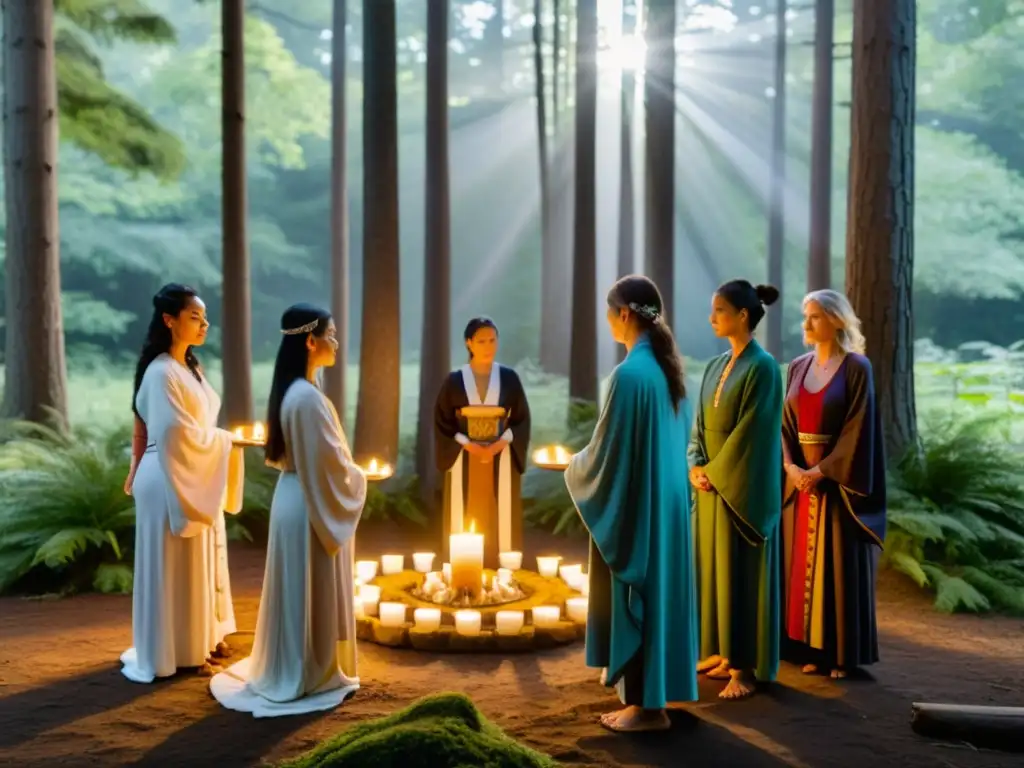 Un círculo de practicantes wiccanos se une en un claro del bosque, rodeados de árboles altos y luz solar