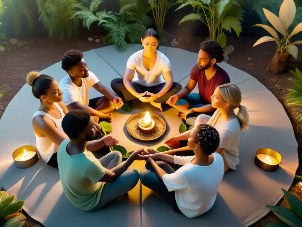 Un círculo de principiantes meditando al aire libre, rodeados de naturaleza y elementos místicos