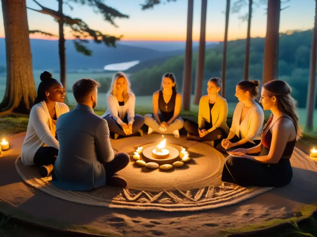 Un círculo de principiantes se reúne al aire libre para un ritual wiccano, rodeados de naturaleza y velas