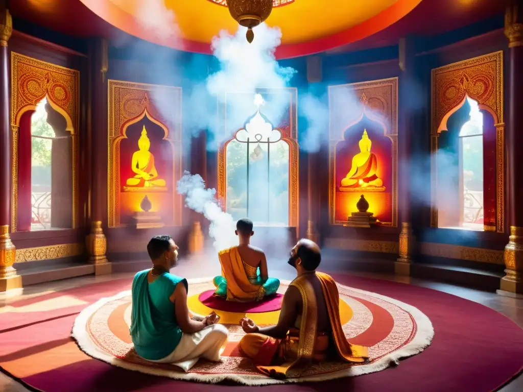 Hindúes meditando en círculo, rodeados de tapices vibrantes y humo de incienso en un templo, en profunda conexión espiritual