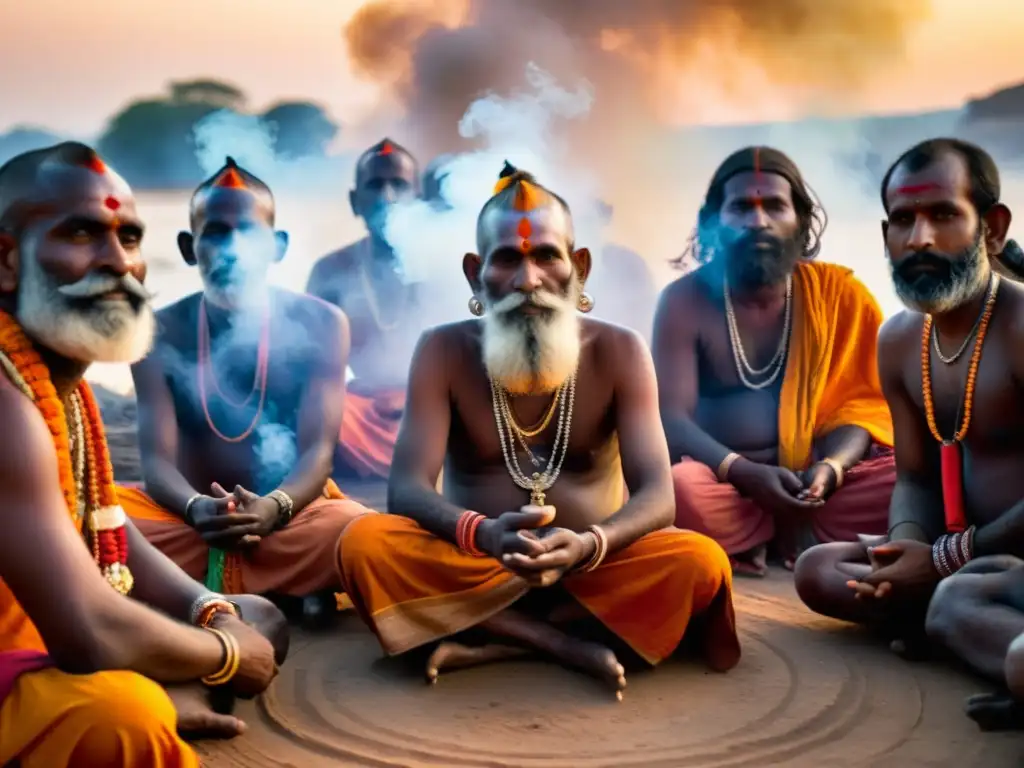 Sadhús en círculo: devoción y color Un círculo de Sadhus hindúes alrededor de un fuego, con colores vibrantes y joyas tradicionales