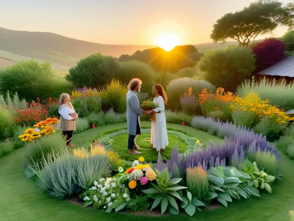 Un círculo sagrado en jardín de permacultura, integrando prácticas sagradas con sol dorado al atardecer