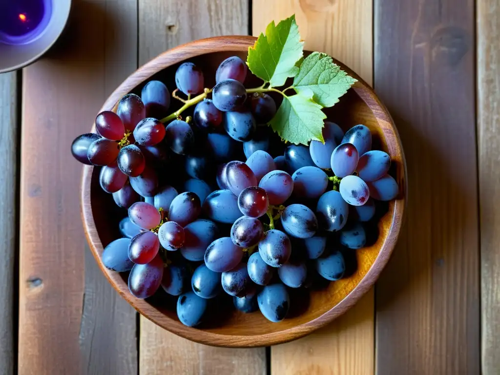 Un círculo de doce uvas maduras en una mesa de madera oscura, iluminadas por velas