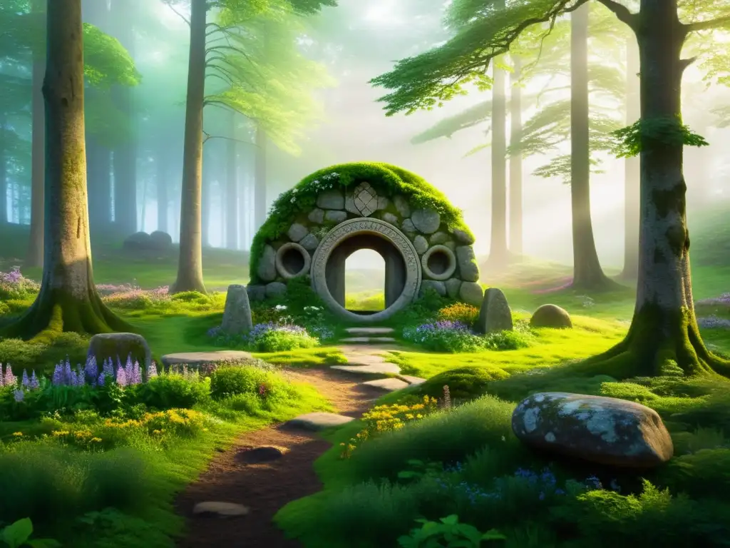 Claro de bosque celta: misticismo y naturaleza Claro del bosque con círculo de piedras celtas, rodeado de vegetación exuberante y flores silvestres, creando una atmósfera mágica y encantadora