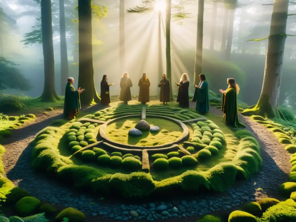 Ritual celta de sanación en el bosque místico Un claro de bosque neblinoso con antiguas piedras cubiertas de musgo en un patrón circular