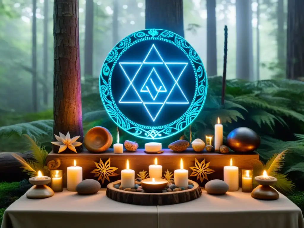 Un claro forestal sereno con un altar adornado de los cinco elementos y prácticas ancestrales para equilibrar energía